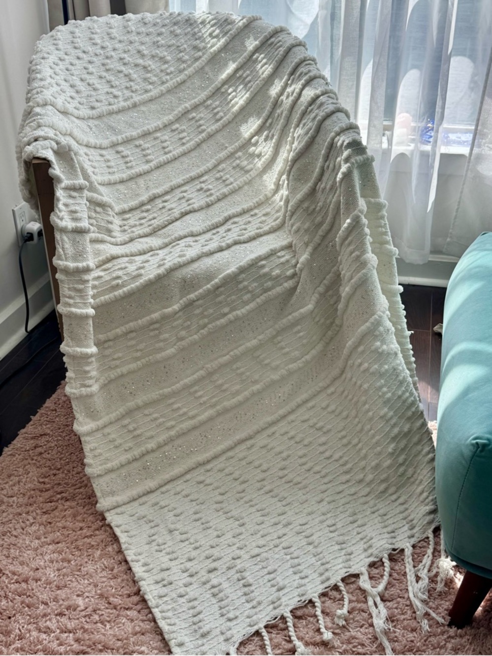 Textured Ivory Fringe Throw Blanket
